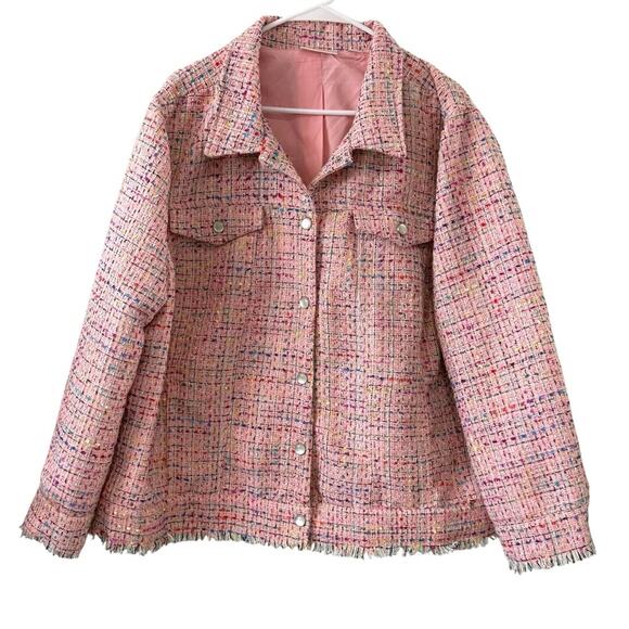 Belle by Kim Gravel Pink Tweed Pearl Snap Jacket Rainbow Thread 2X - Picture 1 of 5